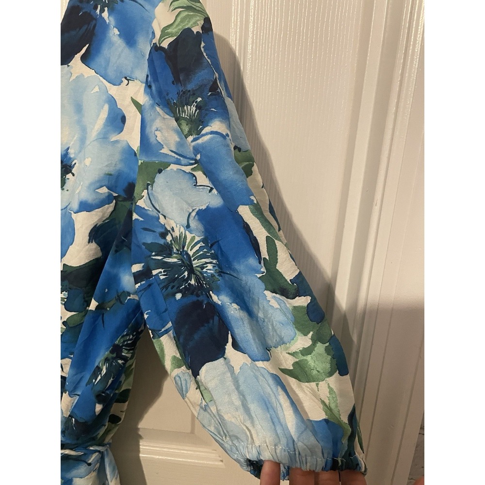 Alex Marie 14P Blue Floral Faux Wrap Dress Petite Puff Sleeve Belted - Picture 4 of 9